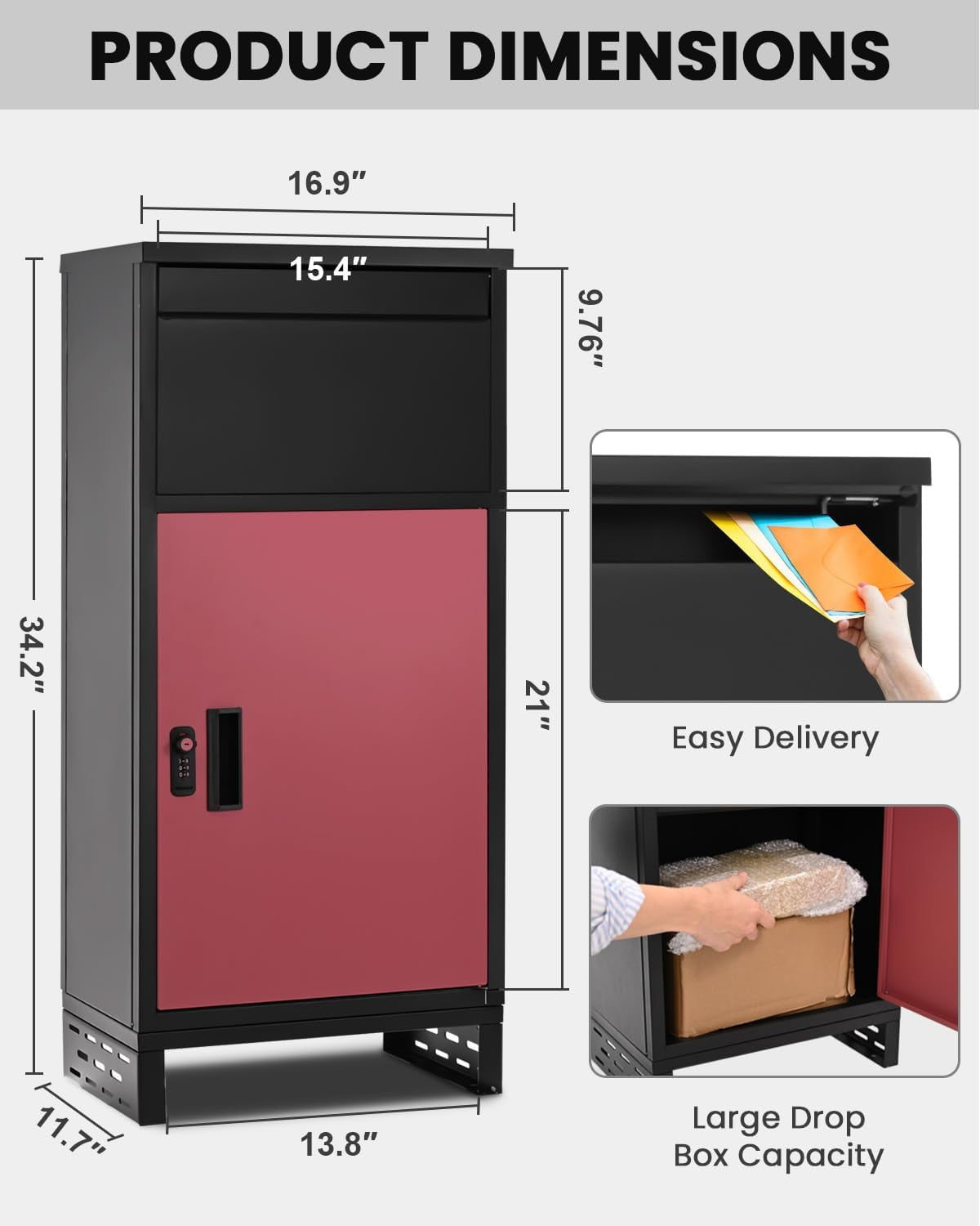 Lilypelle Outside Package Delivery Boxes , 17" x 12" x 34" Large Galvanized Steel Wall and Floor Mount Locking Mailbox, Anti-Theft Delivery Box for Porch, IPX3 Waterproof