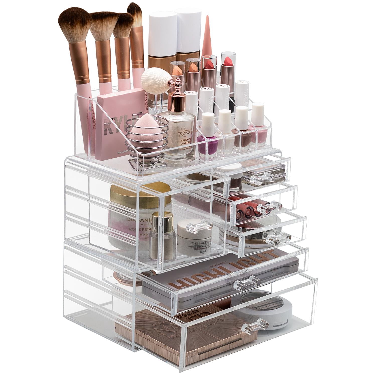 Sorbus Large Clear Makeup Organizer with 6 Drawers & 16 Slots, 3-Piece Detachable Storage