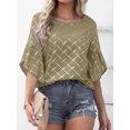 thumbnail image 4 of Tops de media manga con volantes para mujer, Camiseta holgada informal con cuello redondo, camisetas con estampado a cuadros a rayas para primavera y verano 2023, 4 of 4