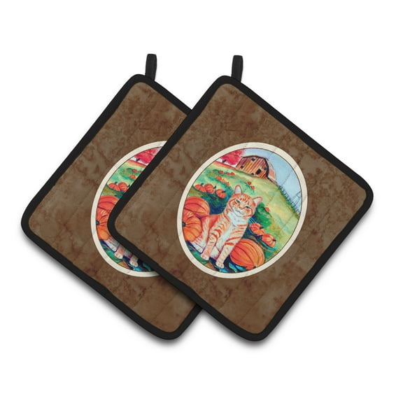 Carolines Treasures 7123PTHD Tabby Cat in Pumpins Pair of Pot Holders  7.5HX7.5W multicolor