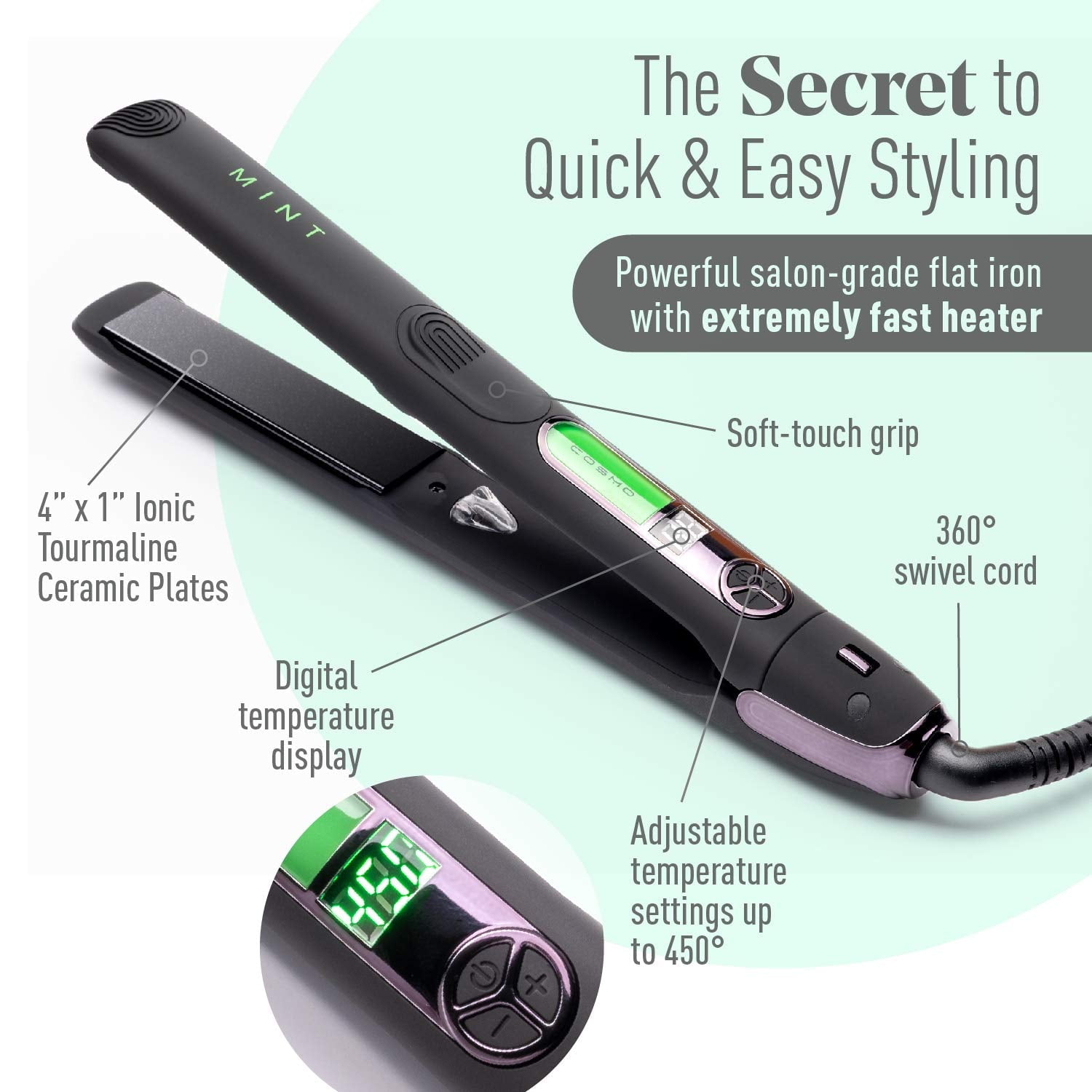 Professional Series Ultra Smooth Cosmo Flat Iron for Thick Hair by MINT Powerful Salon Grade Single Pass Ceramic Tourmaline Ionic Hair Straightener. Travel Ready Dual Voltage. Walmart