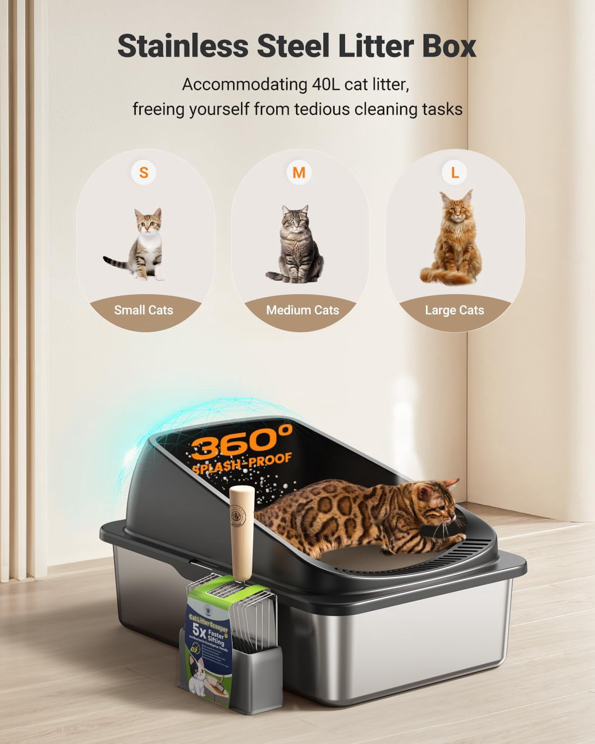 Stainless Steel Cat Litter Box with Scoop, Metal Litter Box High Sided, Cat Litter Box Enclosure, XL Extra Large High-Sided Litter Boxs (Anti-Urine Leakage, Include Scoop) (Black)