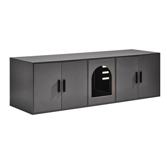 Hidden Cat Litter Box Furniture Cabinet, Large Wooden Enclosure with Two Compartments for Multiple Cats, 57.9"L x 18.3"W x 17.9"H, Black Finish