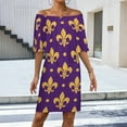 thumbnail image 2 of Purple Bright Mardi Gras - Fleur De Lis Women's Off The Shoulder Ruffles Summer Wedding Guest Loose Casual Party Beach Dress, 2 of 9