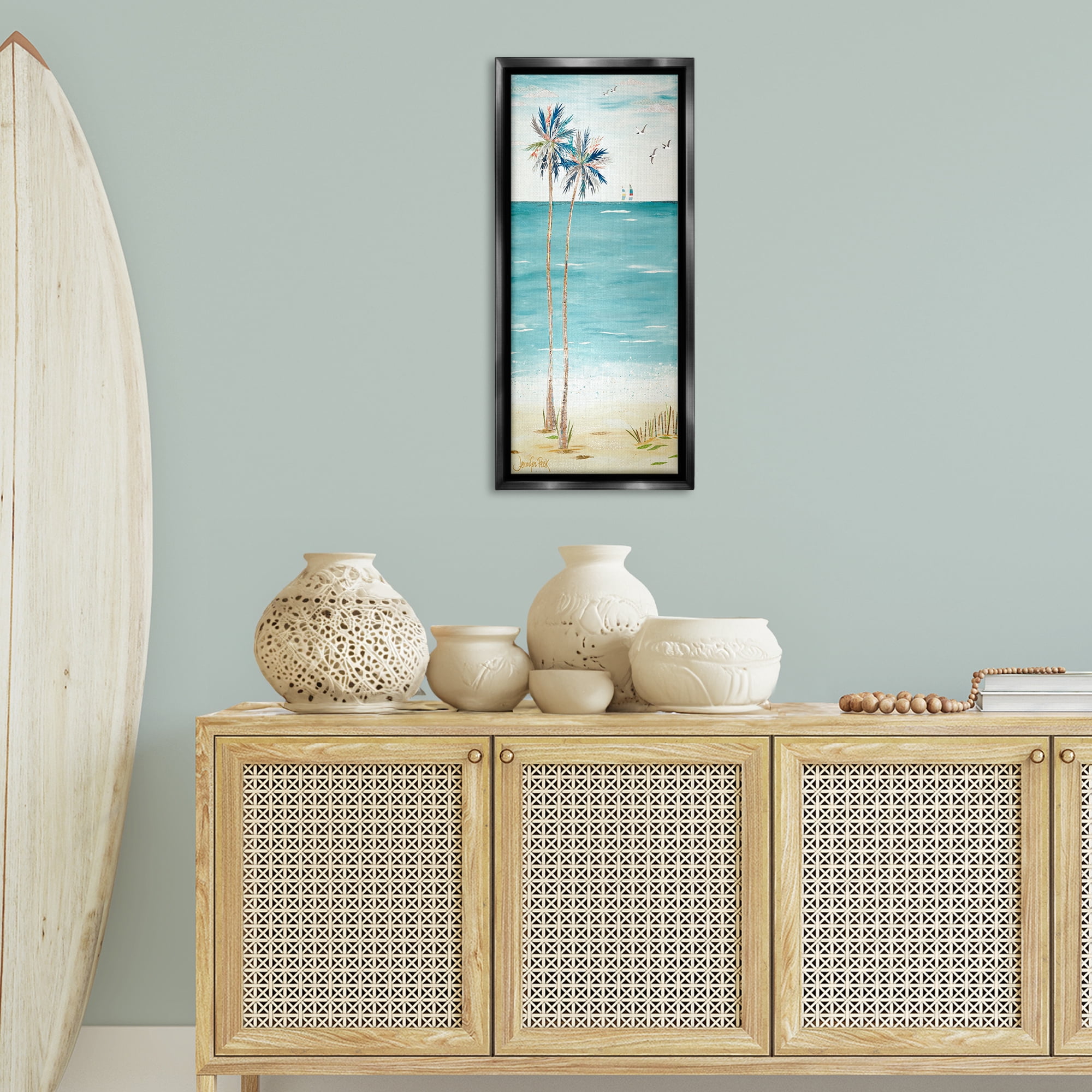 Stupell Industries Palms & Distant Boats Landscape Painting Black Floater Framed Canvas Art Print Wall Art, 15 x 31