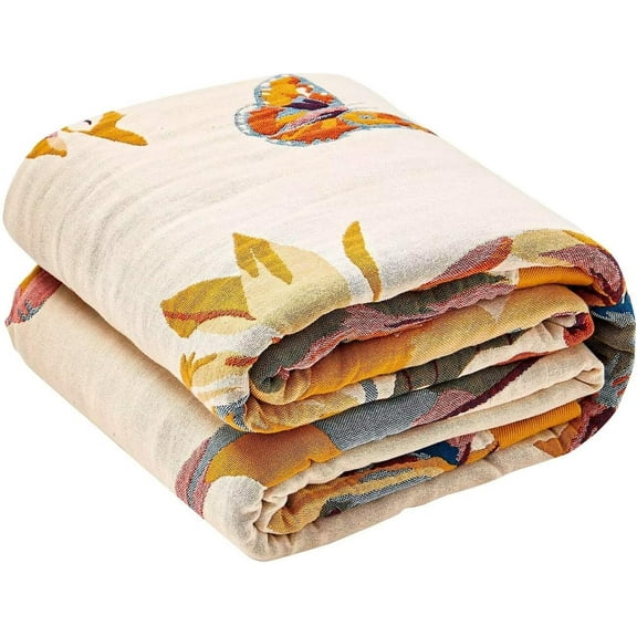 Boho Throw Blanket, 100% Cotton Ultra Soft Luxury Throw Rustic Quilt, 50"x60" Floral Bird Butterfly Farmhouse Decor Bed Blankets, All Season Rustic Reversible Bohemian Throw for Bed - Yellow