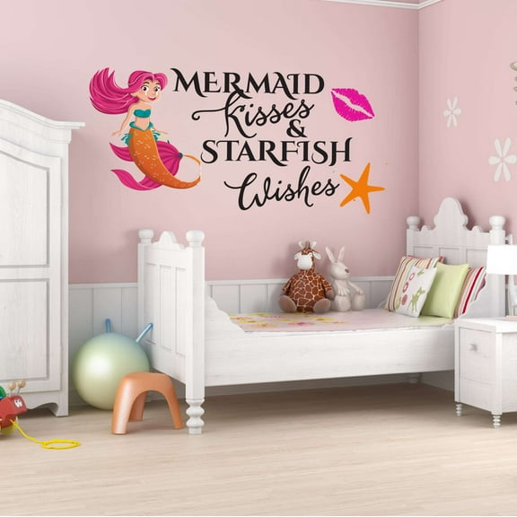 Mermaid Lips Starfish Kisses Wishes Mermaids Vibes Seahorse Statfish Princess Fish Starfish Queen Sweet Dreams Bedtime Unicorn Lovely Dream Holiday Decorating Wall Decal Sticker - Size: 40 In X 20 In