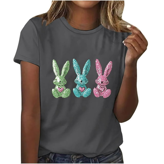 Pisexur Hauts de Printemps pour Femmes 2025, Hauts d'Entraînement Femmes, Hauts d'Entraînement Femmes T-Shirt Imprimé Manches Courtes Col Rond Chandail à la Mode Gris Foncé, 2TG