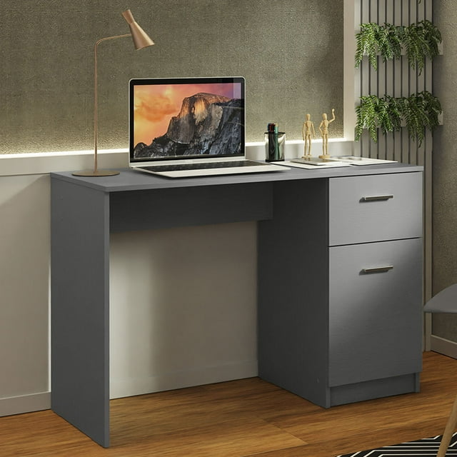 Madesa Compact Computer Desk Study Table for Small Spaces Home Office, 43-inch ergonomic workstation in grey. Designed for laptops, writing, and organizing supplies, it features a spacious tabletop, one drawer, and a cabinet for storage. Suitable for use in bedrooms, kids' rooms, or as a vanity table.