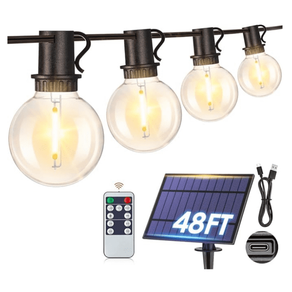 48FT Solar String Lights with Remote, Outdoor Waterproof Patio Lights with 18 LED Shatterproof G40 Bulbs(1 Spare) for Backyard-Black Wire