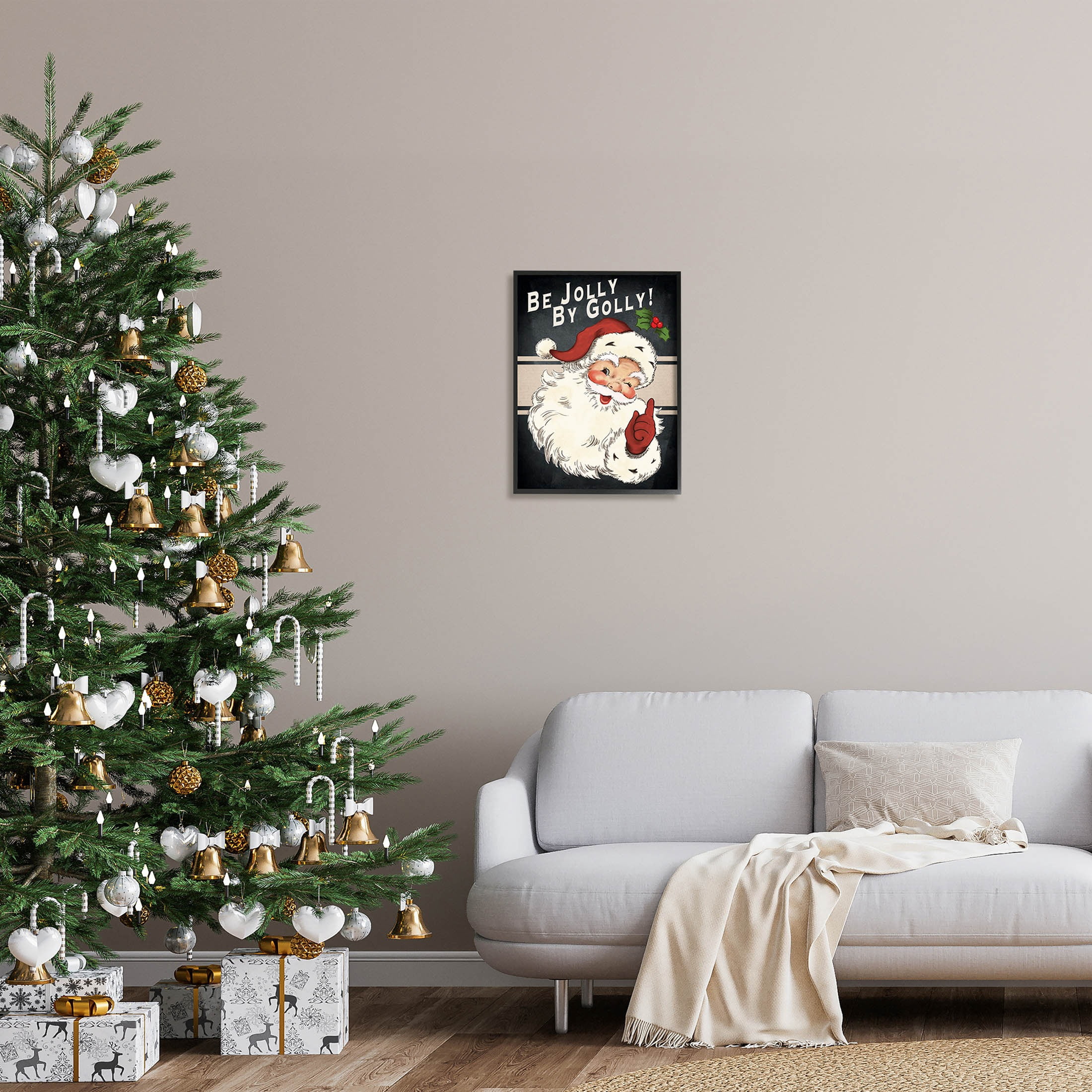 Be Jolly By Golly Vintage Christmas Santa Holiday Graphic Art Black Framed Art Print Wall Art