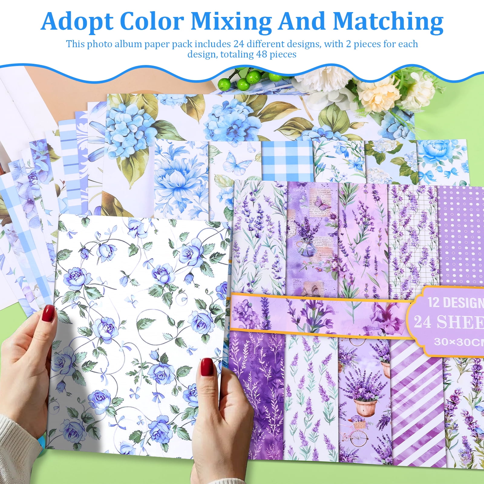 48Pcs Vintage Floral Scrapbook Paper Set Double Sided Flower Pattern Decorative Craft Paper for Birthday DIY Card