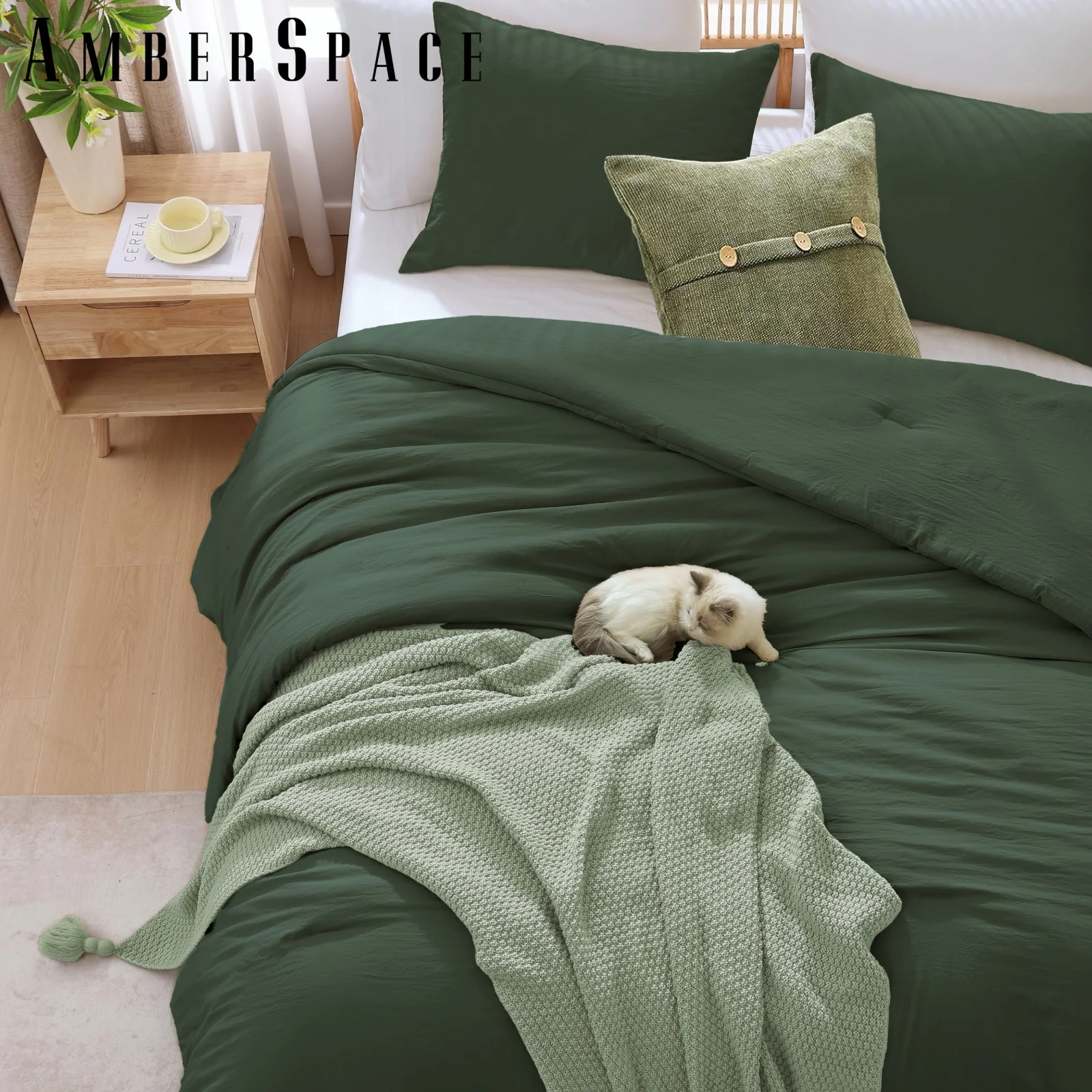 Amberspace Prewashed fabric 3-piece Bed in a Bag Comforter Set with Sheets,Deep Green,Full