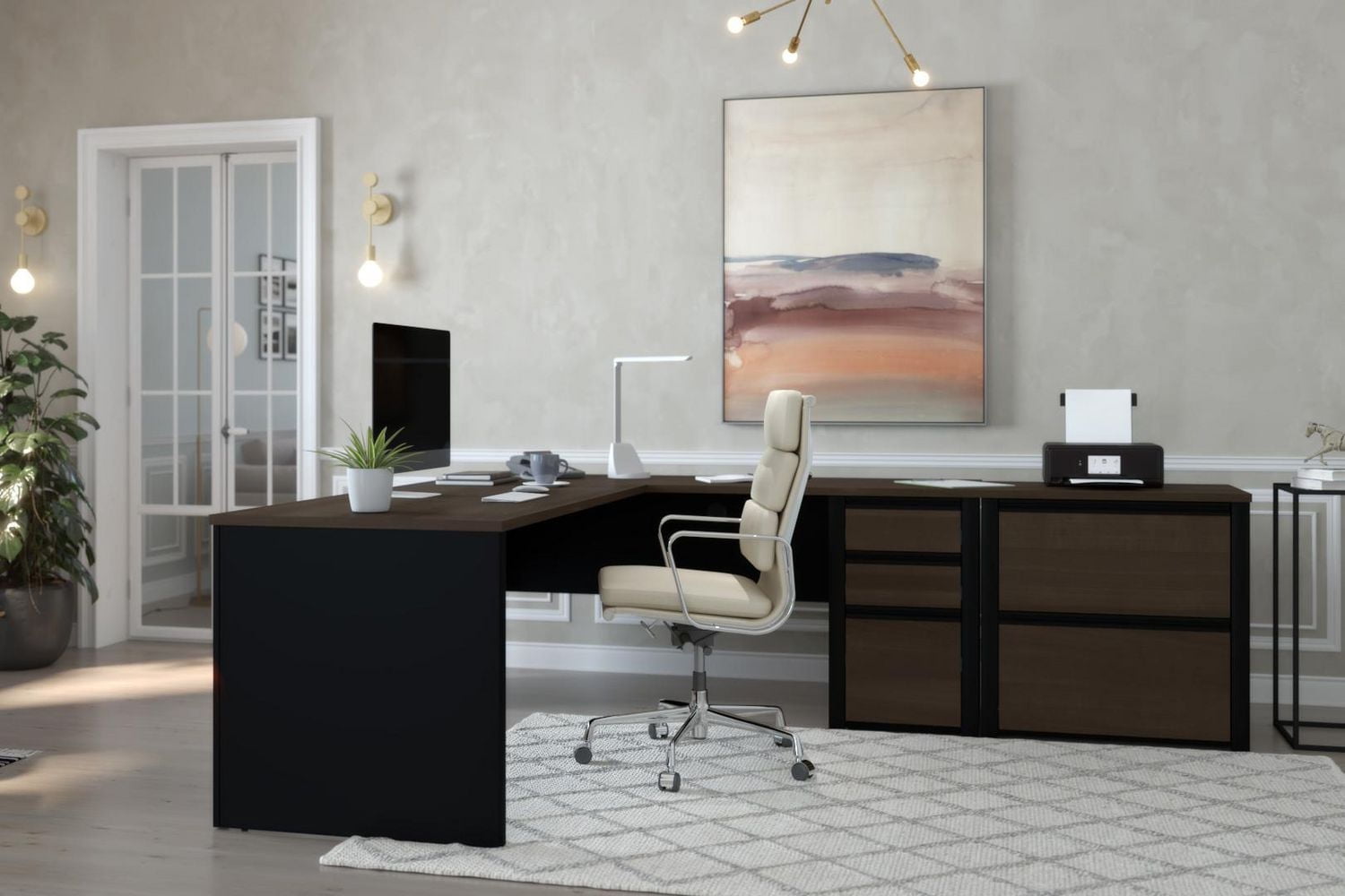 Bureau assis-debout en L 72L avec classeur latéral Connexion de Bestar, antigua et noir