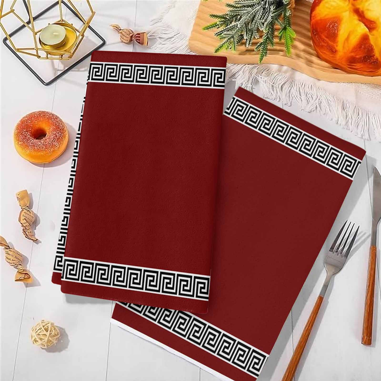 Dish Towels, Geometric Greek Key Design Absorbent Kitchen Towels 2 PCS, Red Microfiber Hand Towels Dish Cloths Tea Towels for Home&nbsp;Bathroom Cleaning Drying,18X28-Inch,