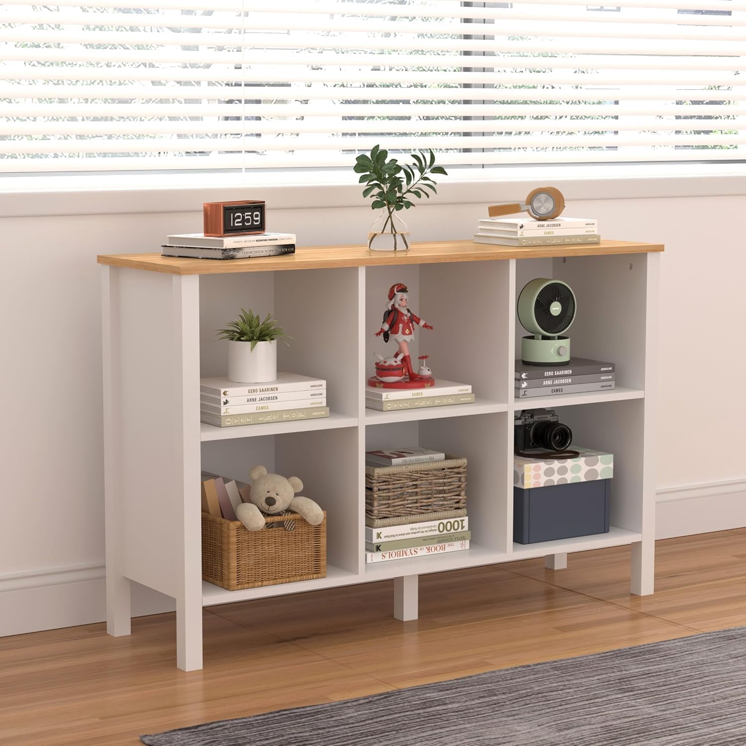 NEWADARA 6-Cube Bookcase, Farmhouse Wooden Bookshelf Low Storage Organizer, 45" Horizontal White Console with Legs, Hallway Book Case for Entryway, Display Cabinet for Living Room (White, 6-Cube)
