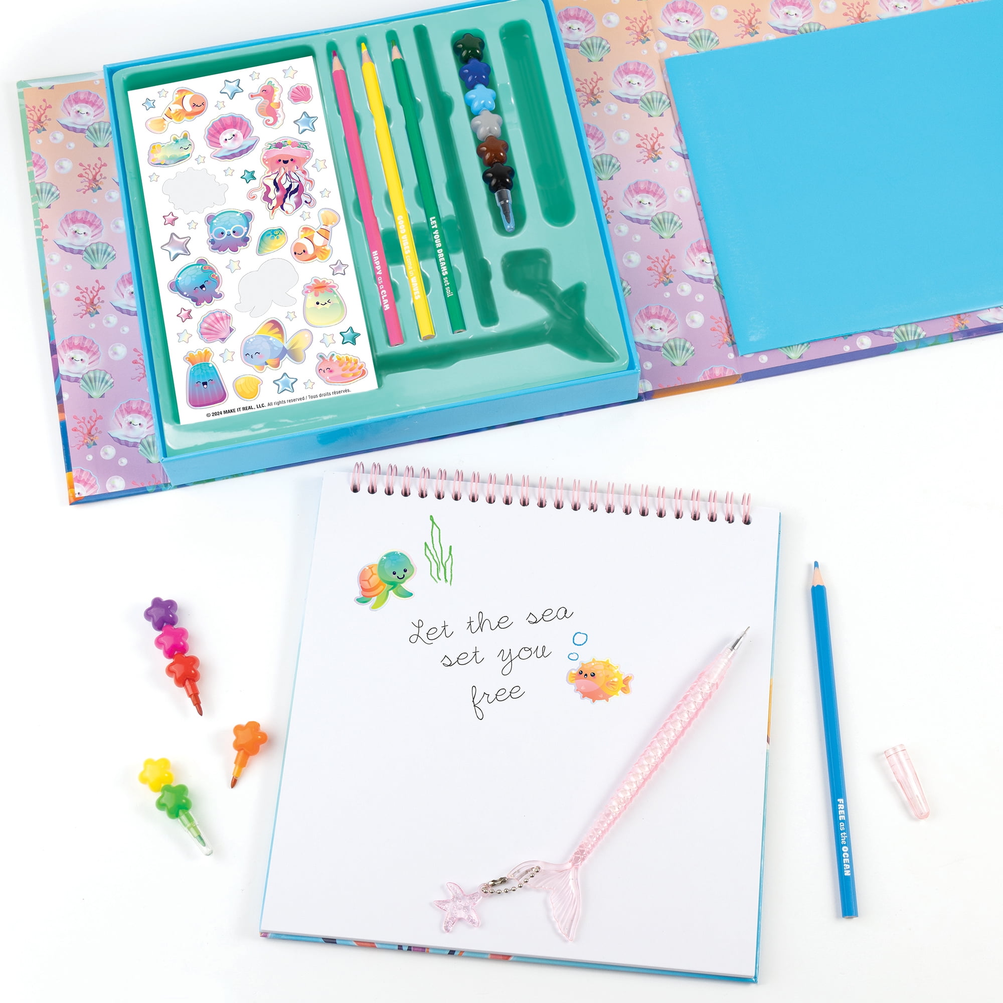 3C4G: Seas The Day! Aquatic Artist Drawing Set - 20pc Make Your Own Waves Ocean Themed Kit, Magnetic Closing Box, Full-Sized Sketchbook, Girls Kids 8+