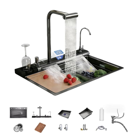 29.5"X18" Black Nano Honeycomb Design Single Bowl Kitchen Sink Digital Display, Raindance Waterfall and Pressurized Cup Washer