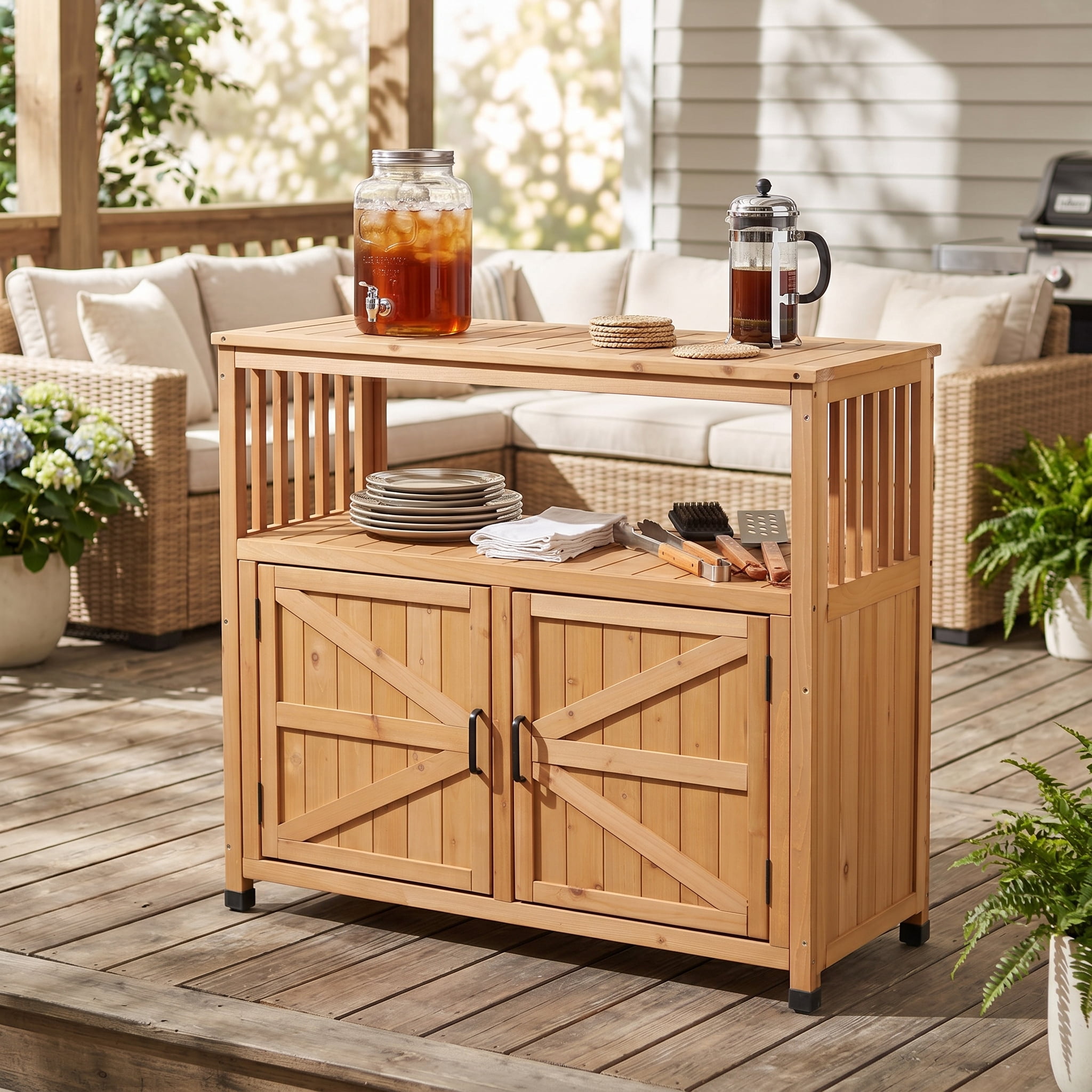 Wooden Patio Bar Table with Storage Cabinet, Outdoor Buffet Sideboard and Serving Station with Slatted Design, Light Brown