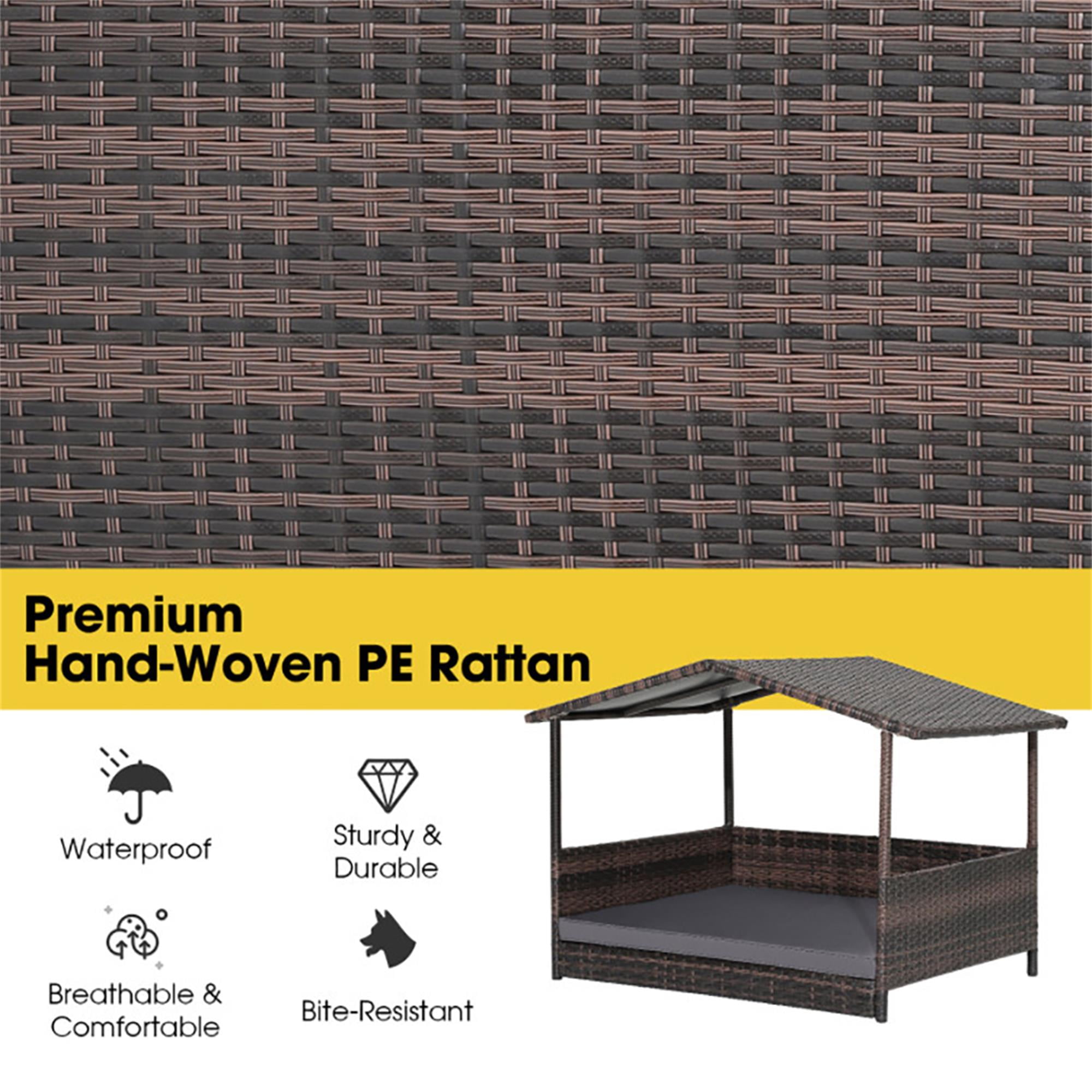 Kadyn 38" Pet Dog Bed Furniture with Provide Pet Mat, Outdoor PE Wicker Dog House for Cat and Dog with Waterproof Roof Kennel, Brown+Gray