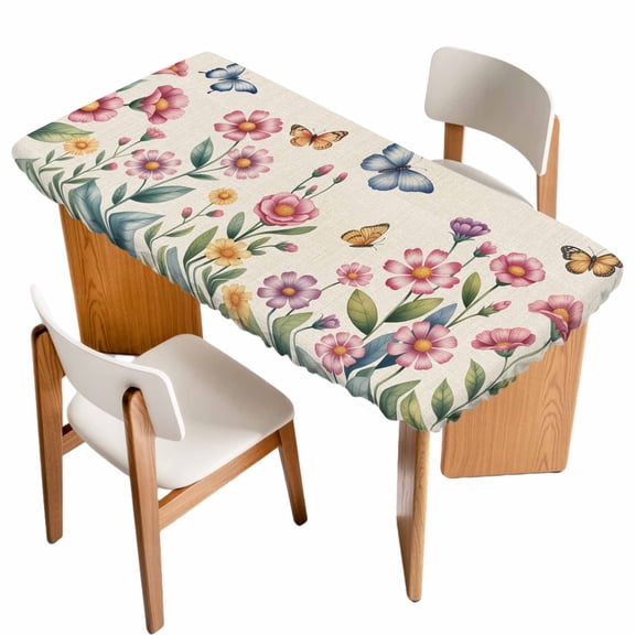 Pink Flowers Table Cloths for 4 Foot Rectangle Tables, Spring Floral Butterfly Leaves Plants Retro Beige Patio Waterproof Elastic Fitted Tablecloths, Washable Rectangular Table Cover for Camping