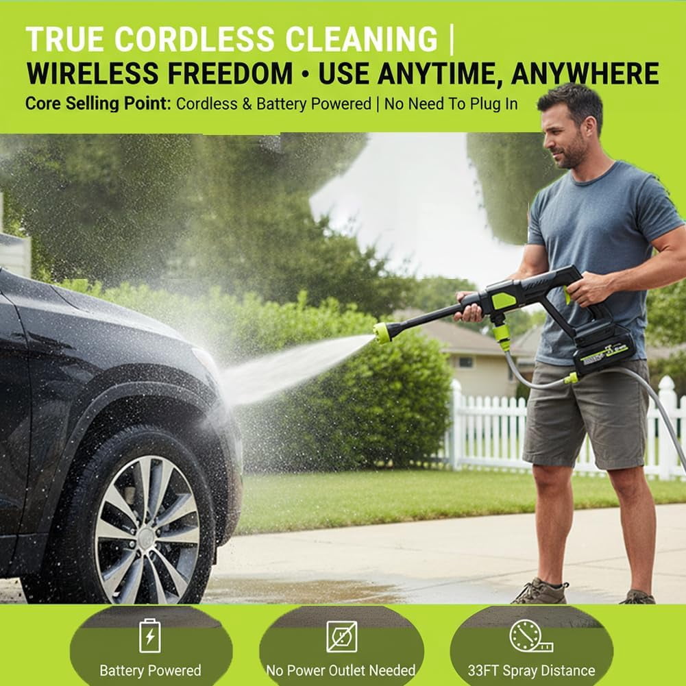 48V Cordless Pressure Washer, 6-in-1 Nozzle, Single Port Charger Base for Car Floor Patio Garden Cleaning(Q)