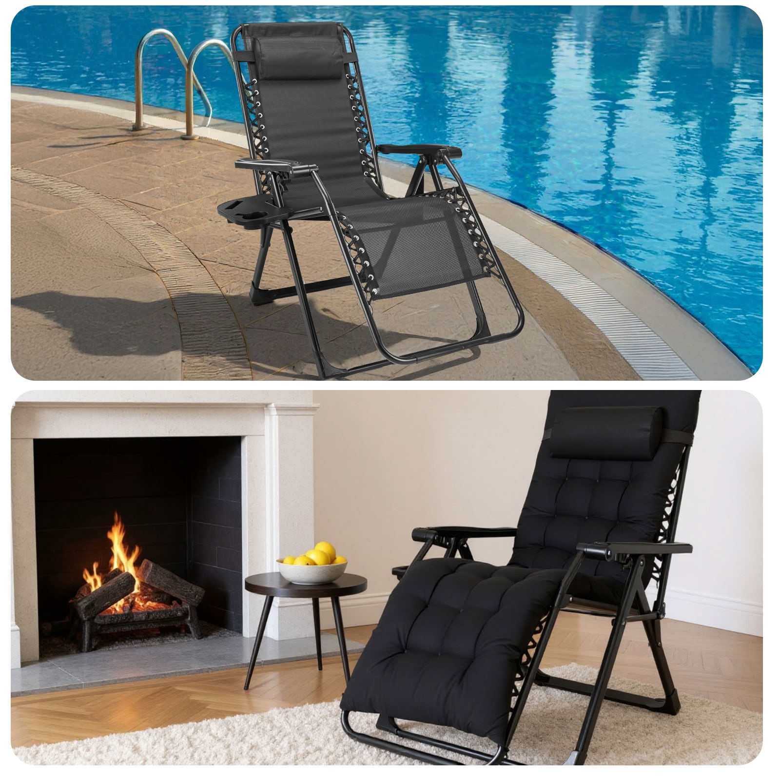 MAYEERTY Lockable Outdoor Zero Gravity Chair, Foldable Reclining Patio Lounge Chair with Removable Cushion & Cup Holder Tray, for Lawn Pool Beach Balcony