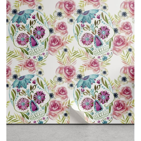 Ambesonne Floral Peel & Stick Wallpaper for Home, Sugar Skulls Flowers Plot, 13"x100", Pastel Pink Turquoise