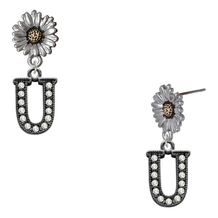 Delight Jewelry Black Nickeltone Crystal Initial – U – Beaded Border – Two-tone Daisy Flower Post Earrings