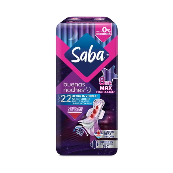 Toallas femeninas Saba Buenas Noches ultradelgada nocturna extra larga con alas flujo súper abundante22 pzas