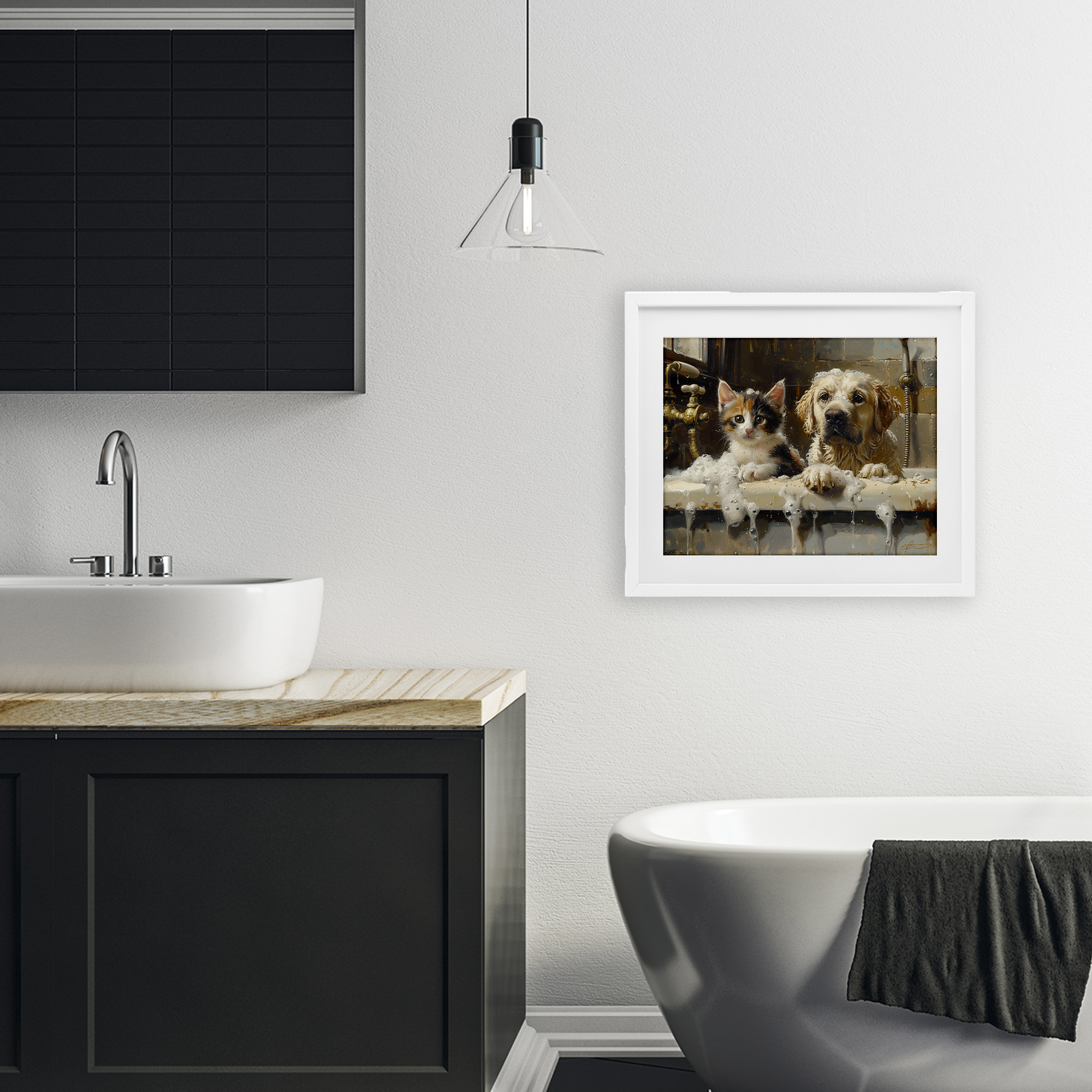 Bath Buddies Cat & Dog White Framed Print Under Glass, design by Shawna Stewart