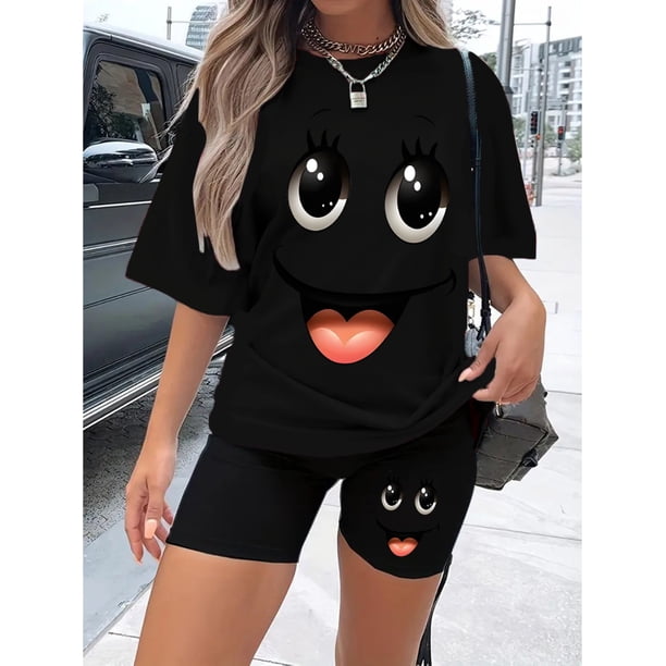 Women'S Casual Short Sleeve Cartoon Print Crew Neck Cotton Knit Fabric Regular Length Top for Women, All Season