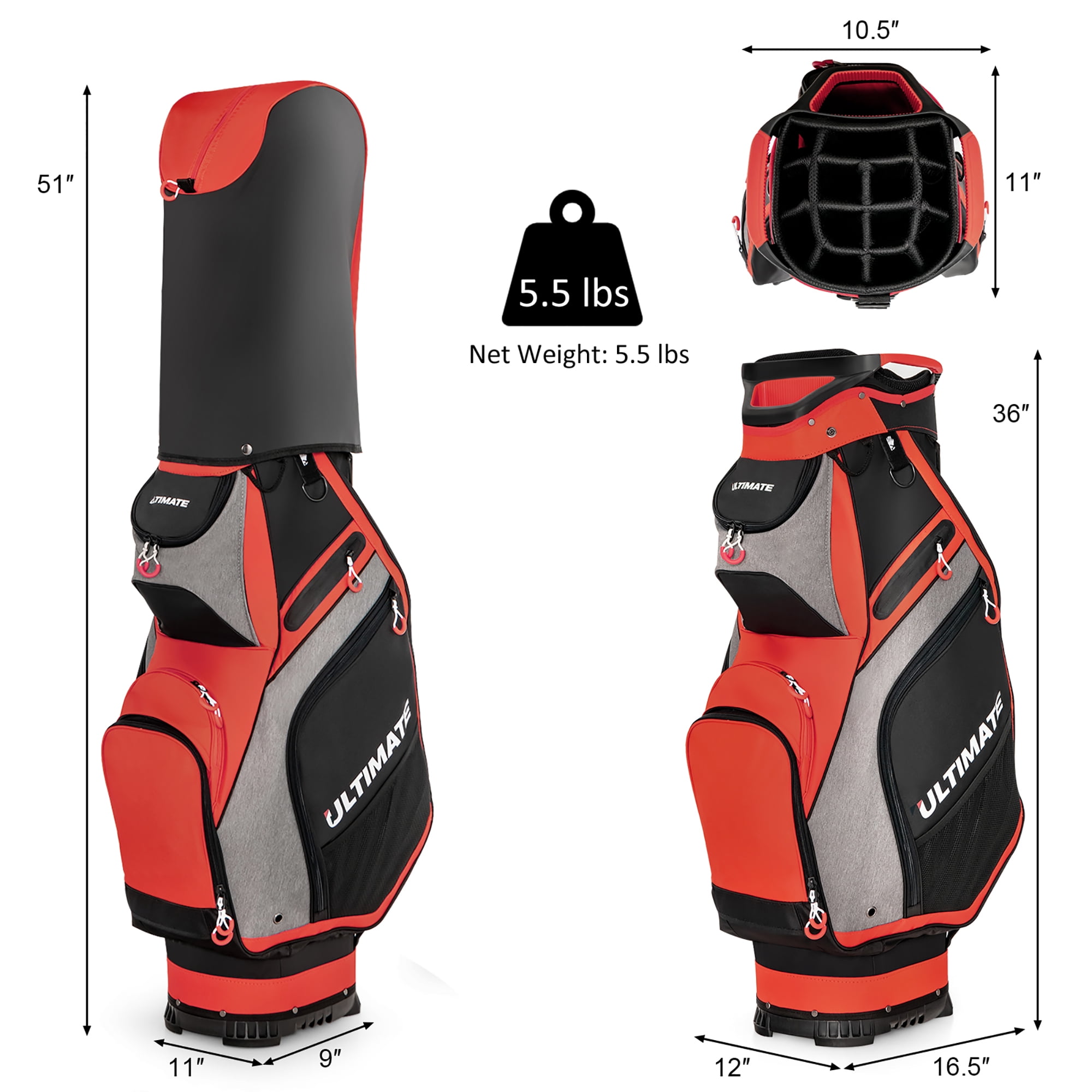 Costway 10.5'' Golf Stand Bag w/14 Way Dividers Rain Hood 7 Zippered Pockets