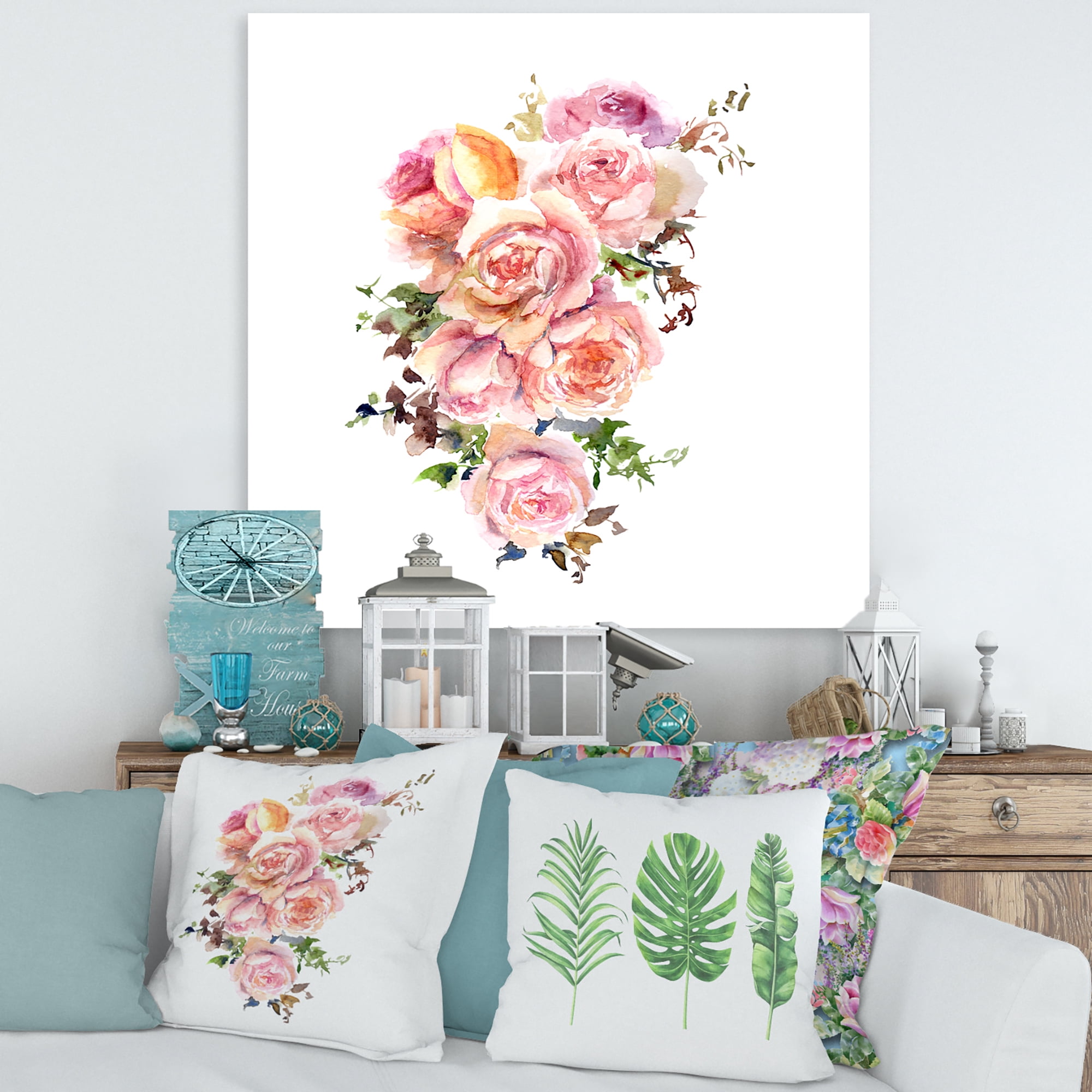 Designart ' Bouquet Of Pink Roses Flowers ' Traditional Canvas Wall Art Print