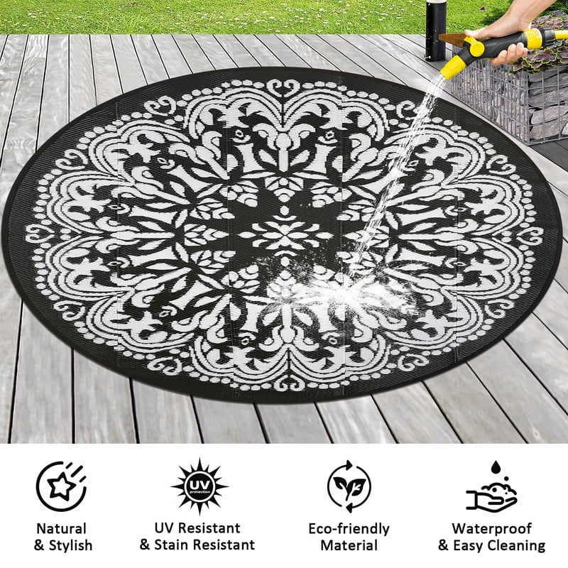 Aonewoe Round Outdoor Rugs 6Ft Waterproof Patio Plastic Straw Rug Reversible Camping Carpet Indoor Outdoor Area Rug for Patio,Deck,Balcony,Picnic,Beach,Outside