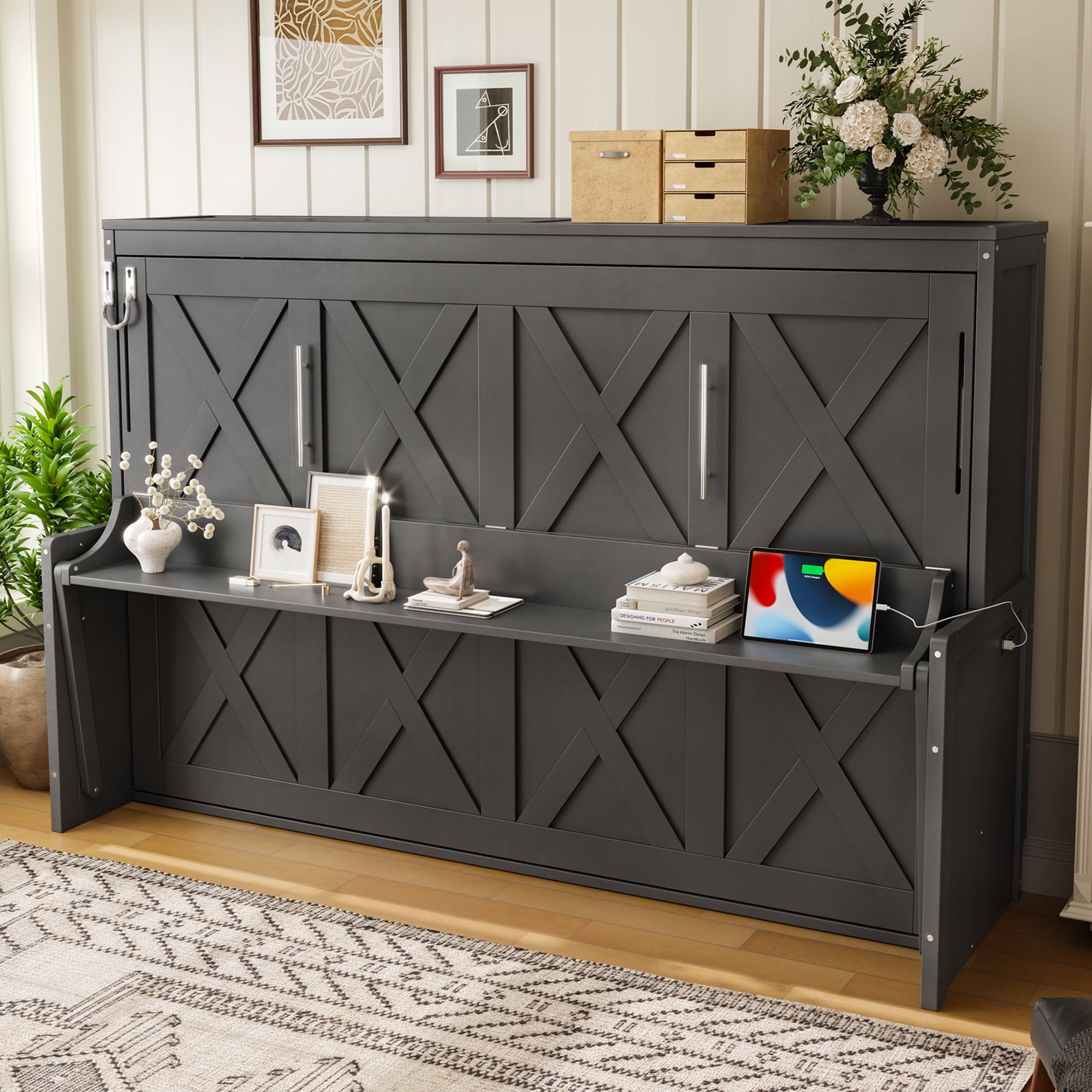 Mintazer Full Murphy Bed with Desk & Pegboard Storage, Farmhouse Foldable Bed with Charging Station & LED Lighting for Bedroom Guest Room, Dark Gray