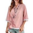 thumbnail image 4 of Mujeres manga corta de verano Tops imitación bordado V-cuello hebilla cinco cuartos de manga blusa, primavera en verano casual moda superior, 4 of 9