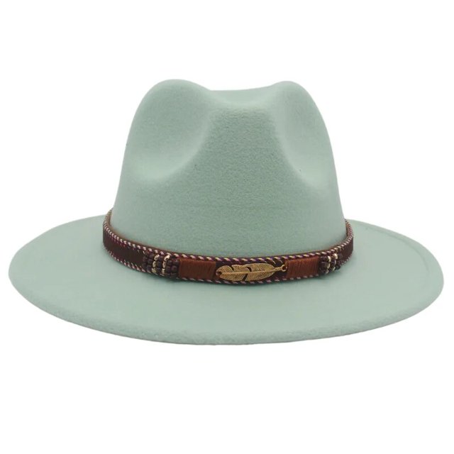 Clásico estilo étnico de ala plana fedora mujeres hombres británicos jazz viaje al aire libre sombrero de lana caqui simple casual metal metal pluma sombrero de fieltro