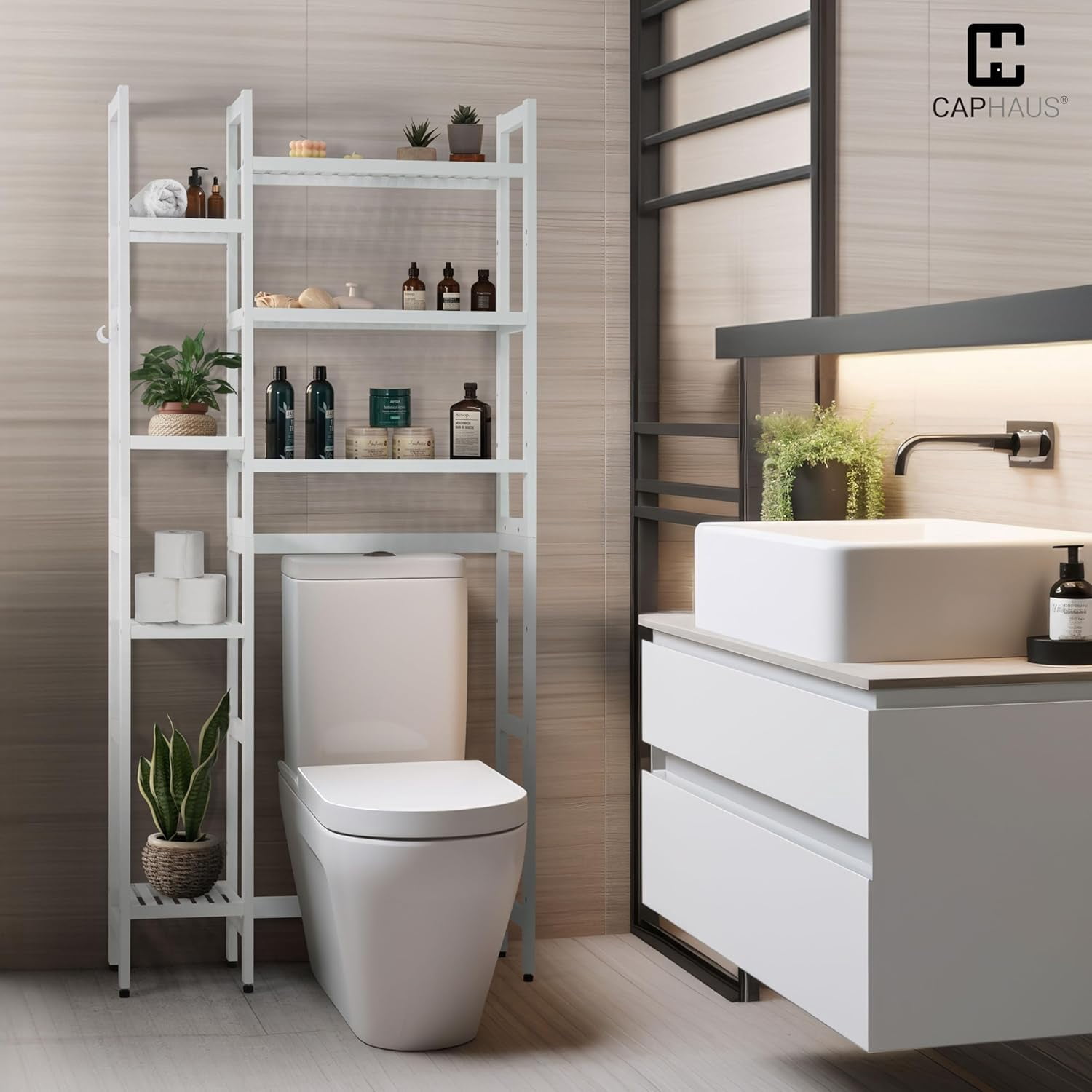 CAPHAUS Bamboo Over The Toilet Storage, Behind Toilet Bathroom Shelf Rack with Hooks & Adjustable Feet, 31-Inch Freestanding Toilet Shelf, Bathroom & Laundry Organizer, Balcony Plant Stand, White