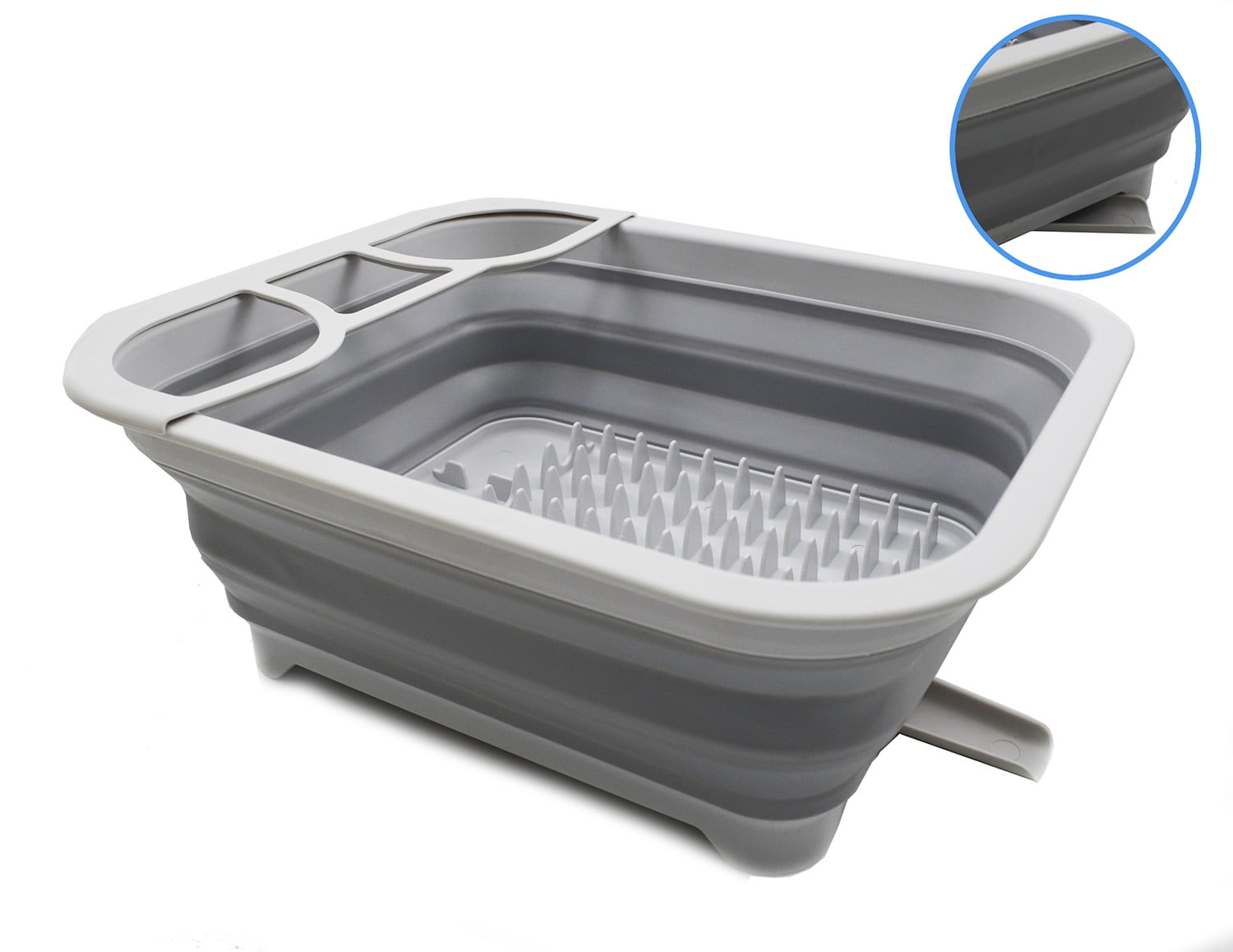 SAMMART Collapsible Dish Drainer with Swivel Spout - Foldable Drying Rack - Portable Dinnerware Organizer - Space Saving Kitchen Storage Tray