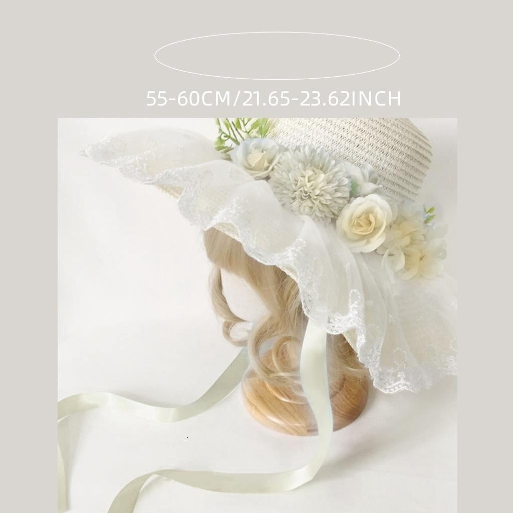 Flower Bonnet Hat Sun Protective Hat for Girl French Handwoven Straw Hat Lace Hat Vintage Panama Hat