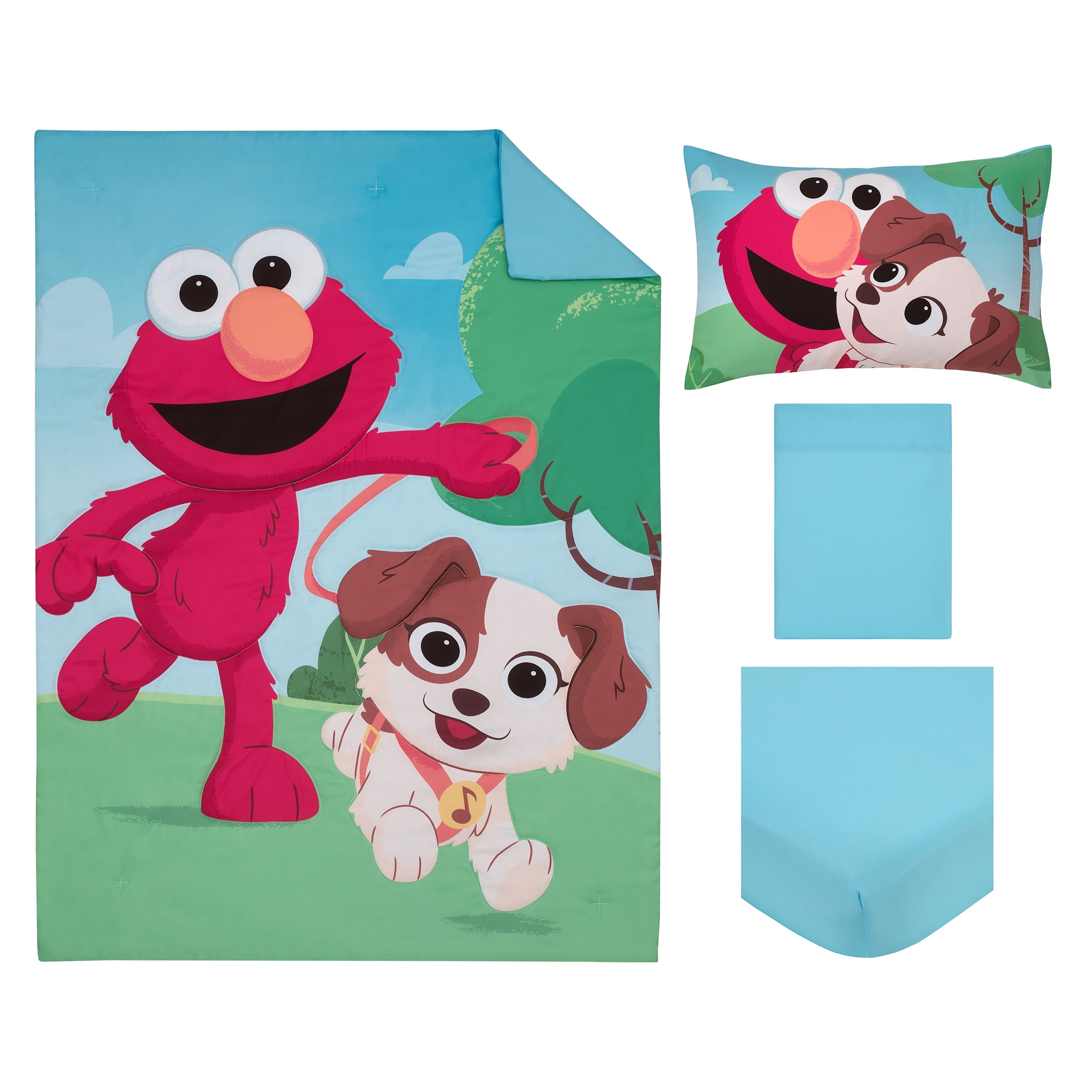 Sesame Street Furry Friends Elmo and Puppy 4 Piece Toddler Bed Set, Comforter, Top Sheet, Fitted Sheet, Pillowcase