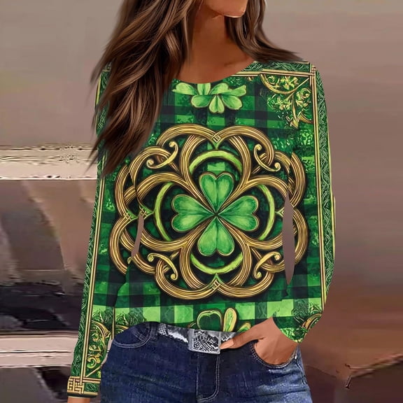 St. Patrick's Day Long Sleeve Shirt for Women Shamrock Clover Graphic Crewneck Soft Festive Holiday Party Graphic Clothes Casual Tee Top