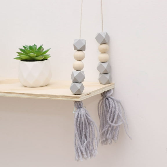LEORX Grey Wooden Hanging Shelf with Tassel Wall Storage Rack for Home Decor