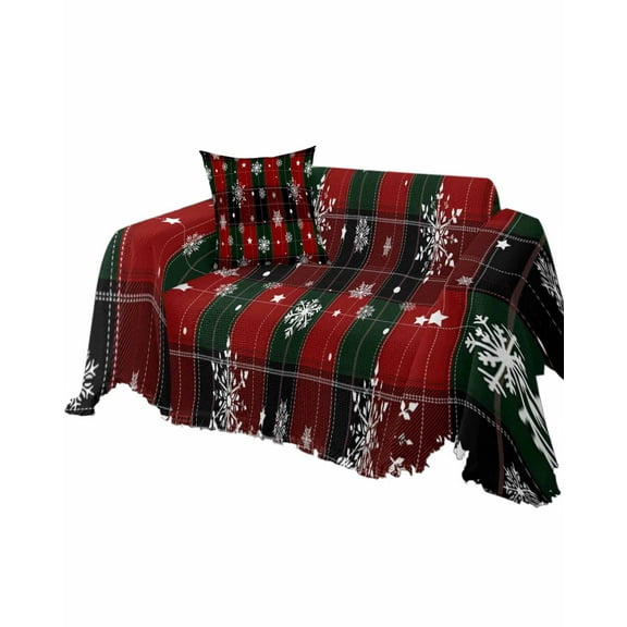 Buffalo Plaid Christmas Sofa Couch Covers for Dogs, Washable Sofa Throw Cover Single Slipcovers for Armchair with Tassels, Xmas Snowflake Red Green Couch Protector Towel Blanket M 71''x91''