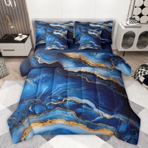 jejeloiu Marble Texture Print 7-Piece Bedding Comforter Set,Modern Abstract Aesthetic King Bedding Sets,Blue Gold Bed Sheets For Girls Kids,Super Cozy Room Decor Reversible