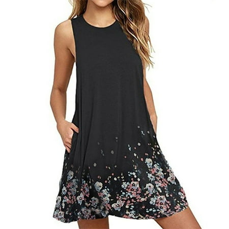 Plus Size Lady Boho Sleeveless Party Tops Womens Loose Summer Beach Flower Dress Black (Best Dress Shape For Plus Size)