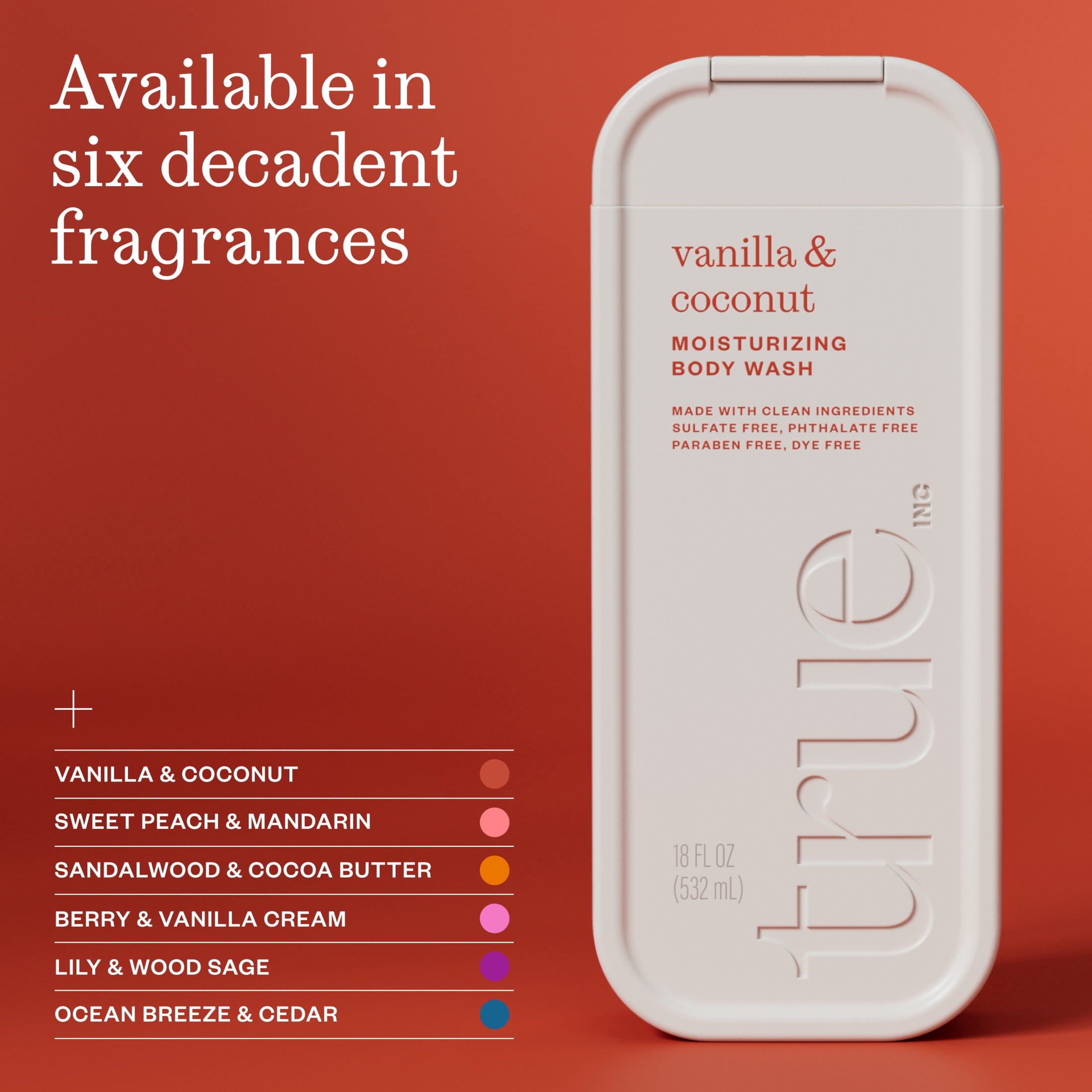 True Vanilla & Coconut Body Wash, Sulfate-Free, Moisturizing and Hydrating Formula for Women & Men, 18 fl oz