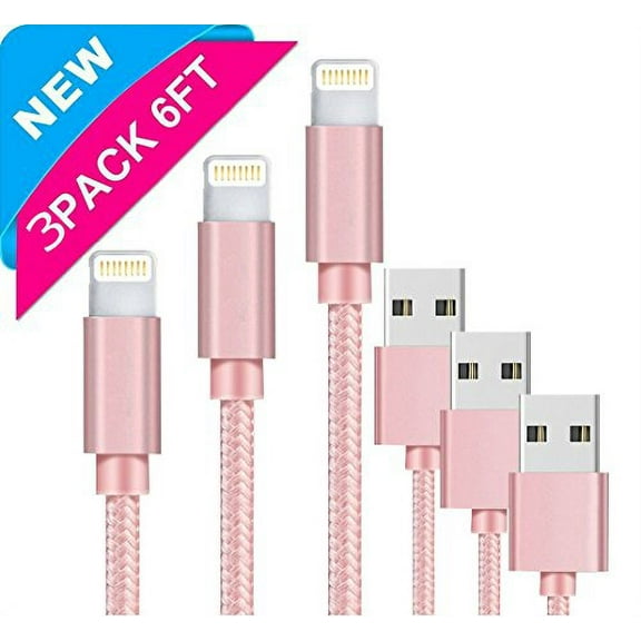 epacks Cable, 3Pack 6FT / 2 Meter Nylon Braided Charger Cable to USB Cable Sync & Transfer Data, Charging Cord - Rose Gold