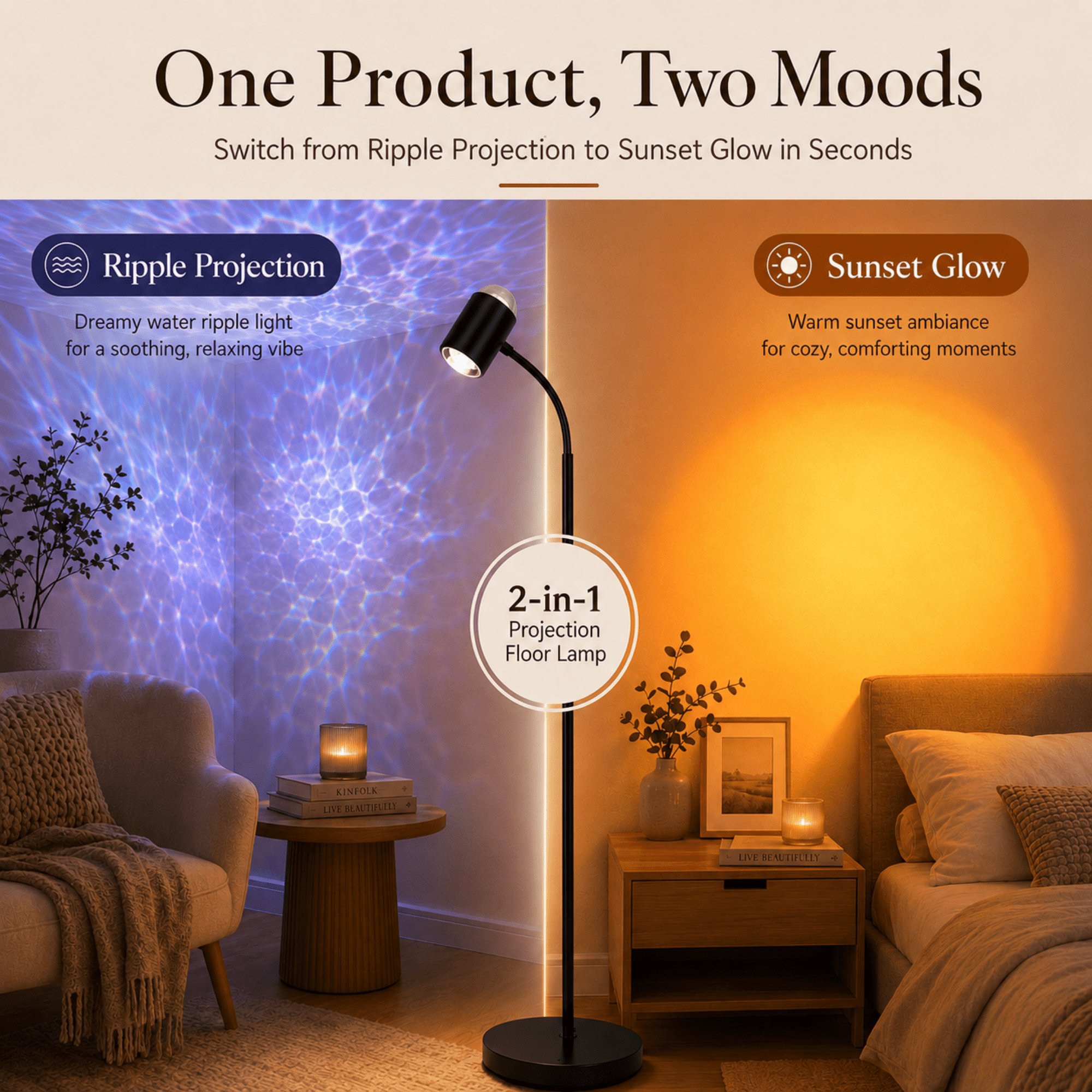MEHOOM Sunset Standing Floor Lamp Projection with Ocean Wave, 360° Rotation Floor Lamps for Bedroom, Photography Selfie Party Home Living Room Bedroom Decor, Gifts Idea for Girls Women(127Colors)